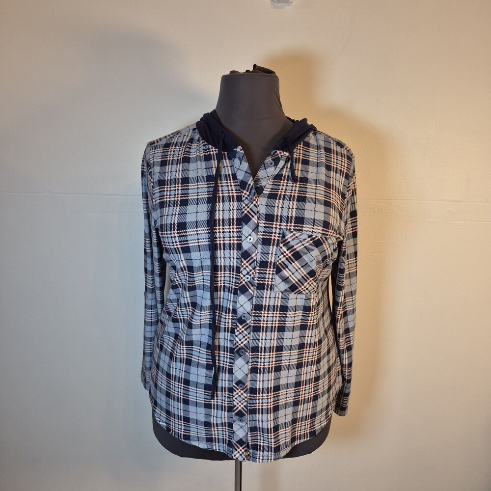 No Comment Women's Plaid Hooded Top Juniors Size 2X Blue
